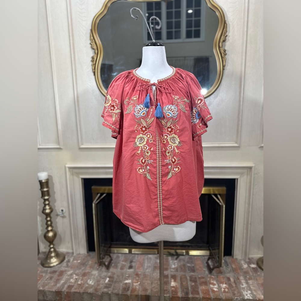 Kyla Seo Kiora Embroidered‎ Blouse Coral Boho Cottagecore Festival Top size XL